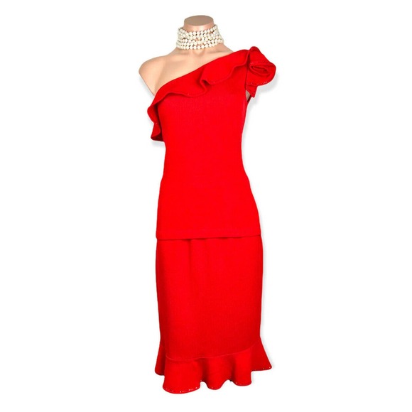 St John Red Womens 2pc dress set S Knit One arm Formal Valentine Party Ruffled - Picture 1 of 10